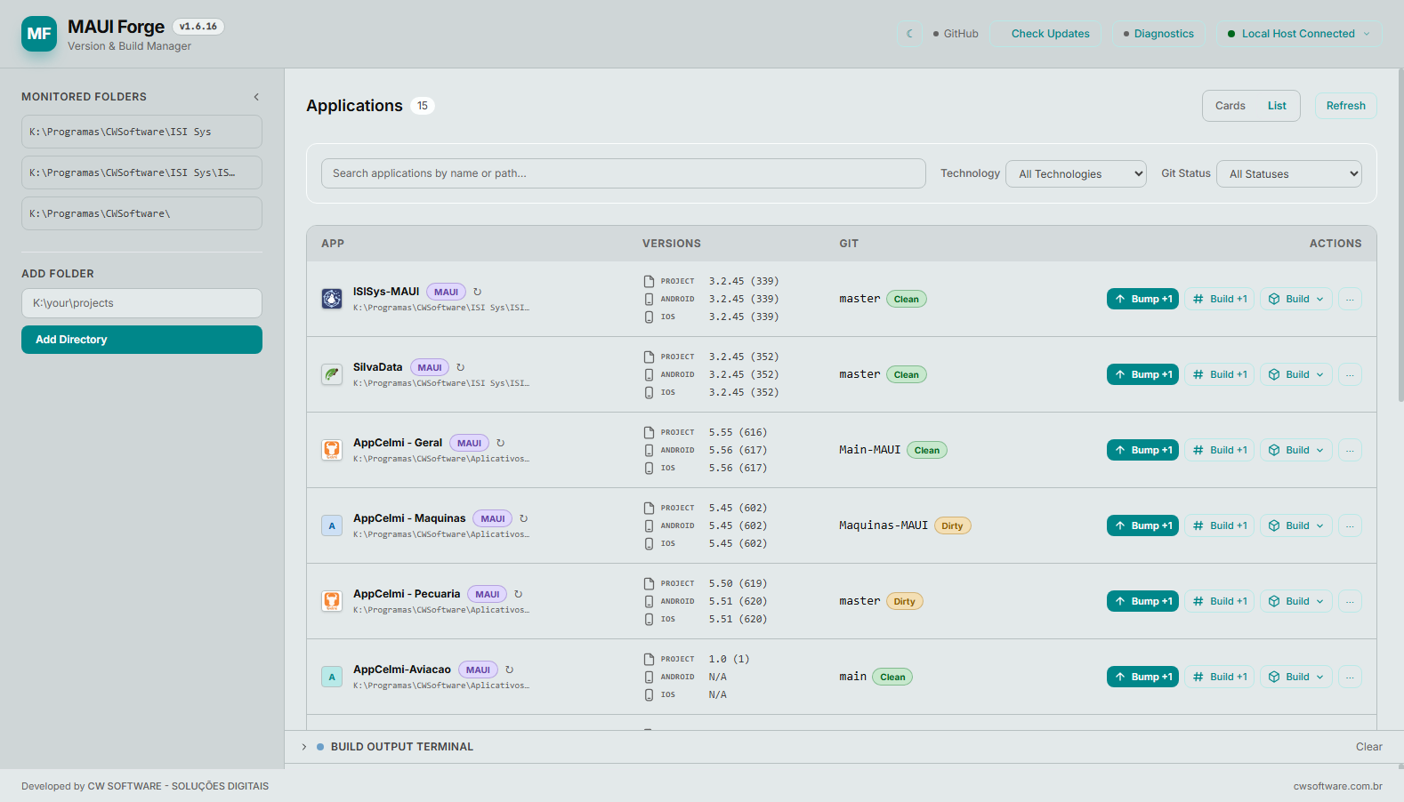 MAUI Forge list view showing multiple applications with versions and Git status in table format