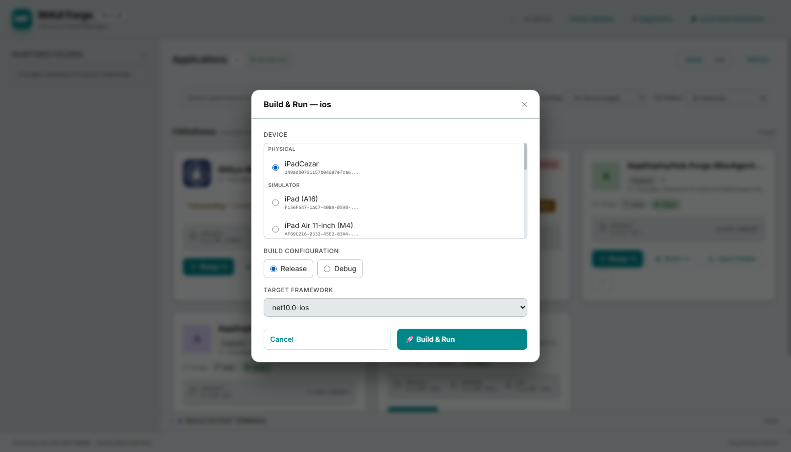 Build menu showing Build Only and Build & Run options for Android and iOS