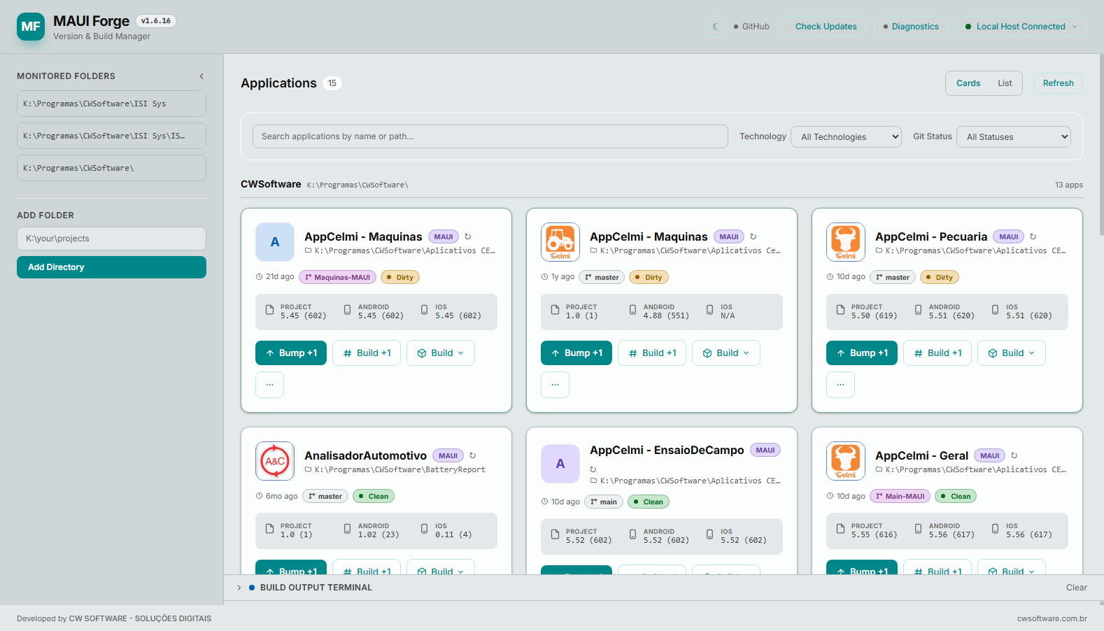 MAUI Forge main dashboard with application cards, Git status, and build actions